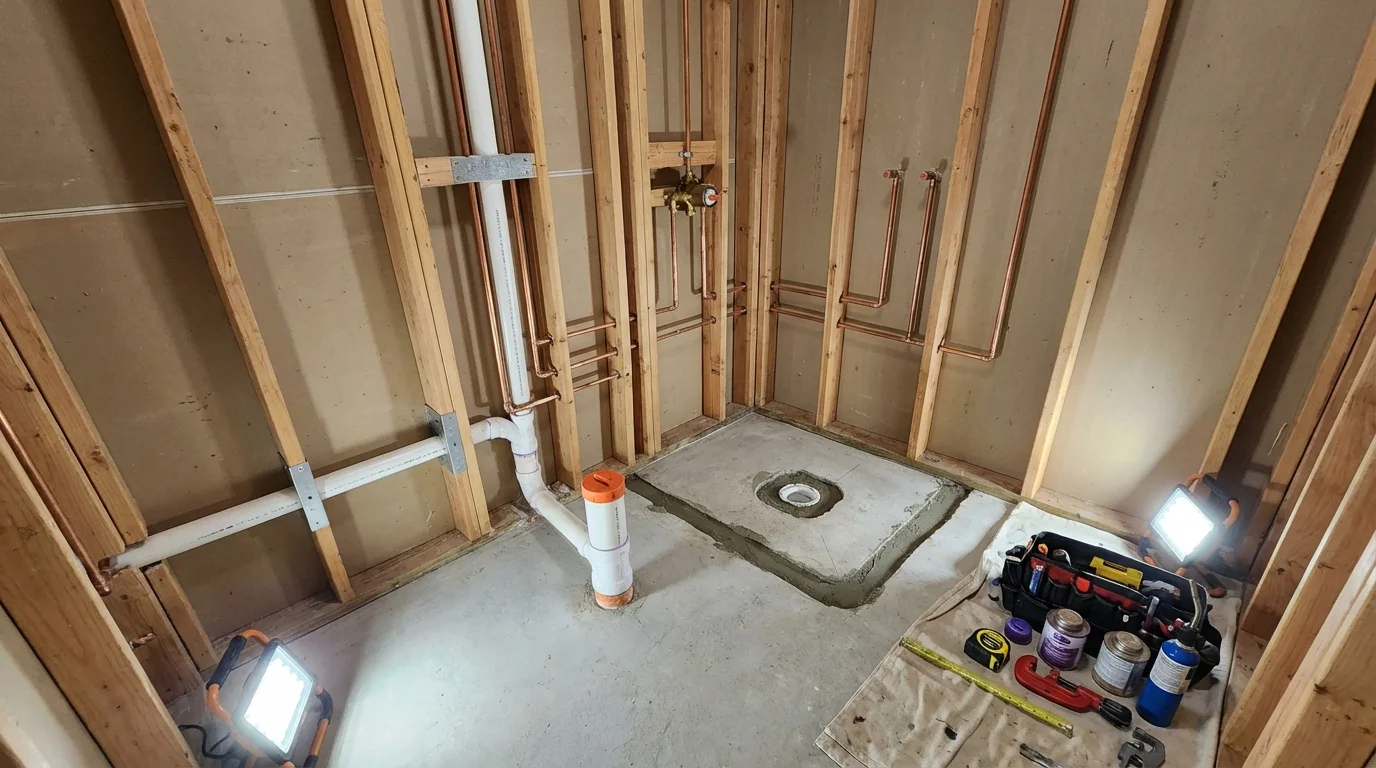 Bathroom rough-in plumbing during remodel by Johns Plumbing LLC in South Padre Island