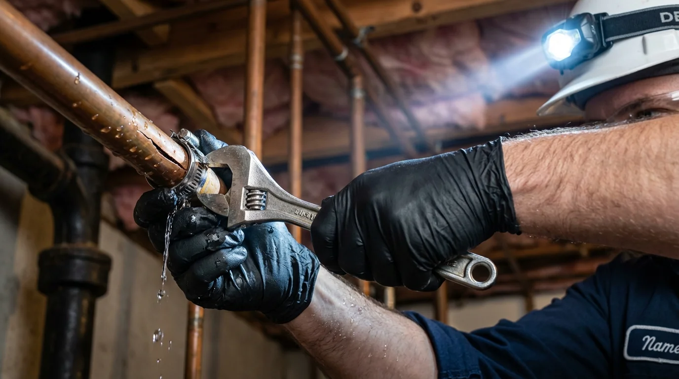 Emergency pipe clamp repair being performed by a Johns Plumbing LLC plumber in South Padre Island