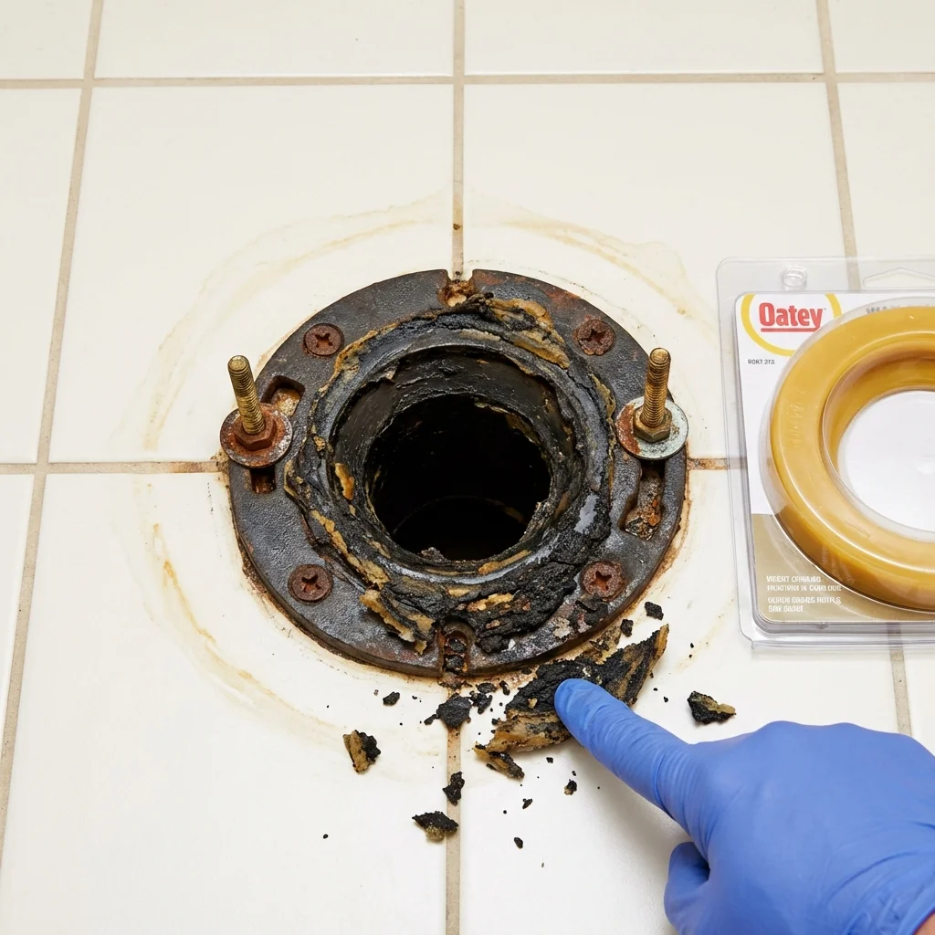 Failed wax ring showing water seepage at the base of a toilet in a South Padre Island, TX home