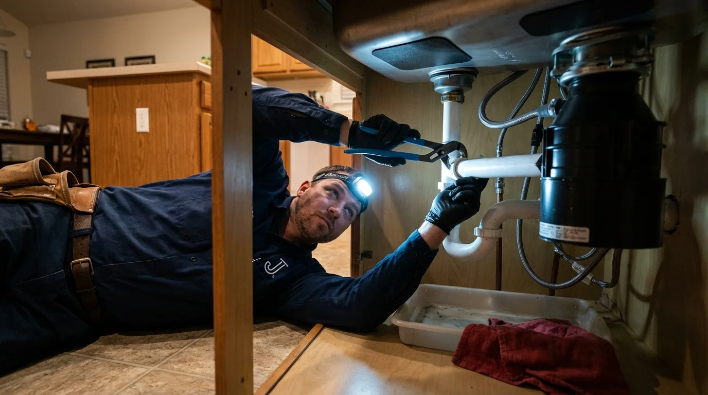 P-trap and supply line connections under a kitchen sink showing a common leak point in South Padre Island, TX
